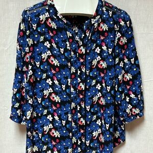 Floral Women's Blouse Top size 2Xp Talbot rayon lightweight lace trim Brilliant